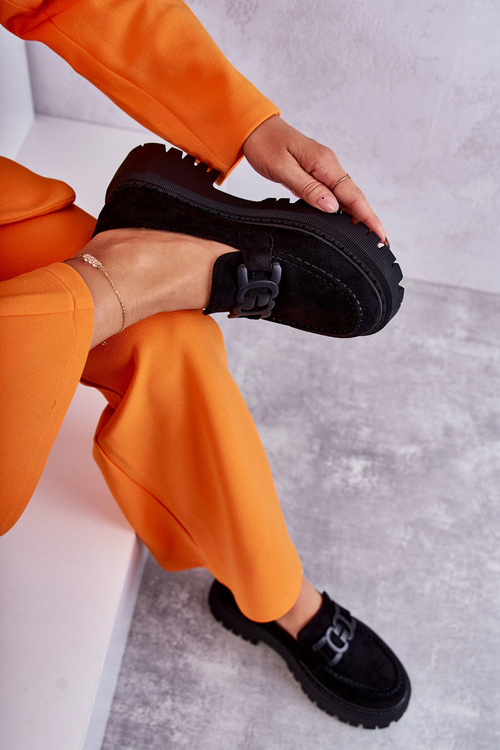 Półbuty Damskie Zamsz Ozdoba Czarne Leeza