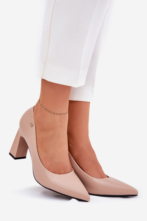 Czółenka Eko Skórzane Obcas Słupek Szpiczaste Noski Beżowe Vinceza 62221