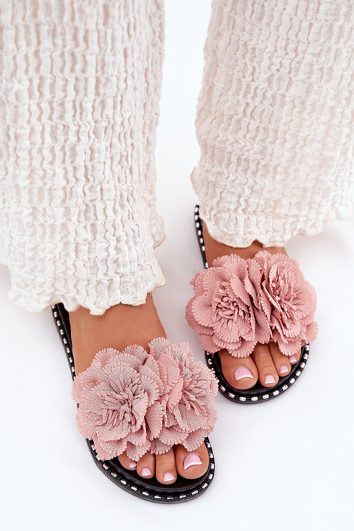 Ladies Slippers With Fabric Flowers Pink Elachase