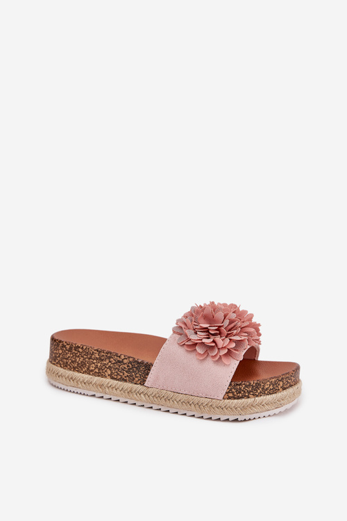 Damskie Klapki Ozdobne Kwiatki Platforma Plecionka Różowe Tessara