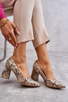 Czółenka Skóra Wężowy Wzór Beżowo-Złote Lewski Shoes 3277