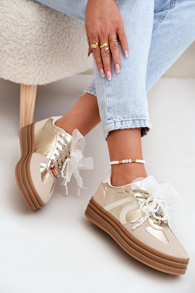 Women's Platform Sneakers With Decorations Beige-Gold Vinness
