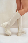 Knee Boots With Elastic Shaft On Flat Heel Light Beige Mesidra
