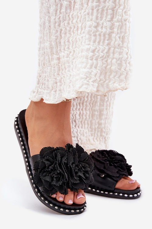 Women's Slippers With Fabric Flowers Black Elachase