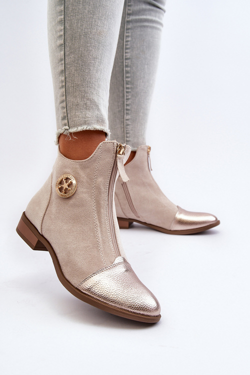 Women's Ankle Boots with Flat Heel and Zip Beige Loratie