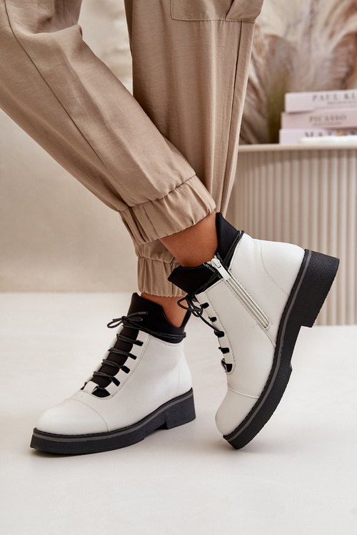 Damskie Botki Ocieplane Niska Cholewka Eko Skórzane Białe