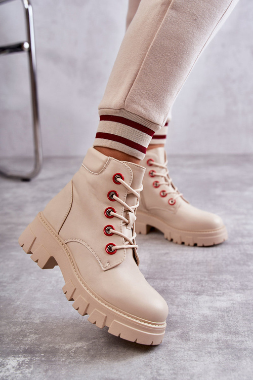 Leather Boots Workers On Zipper Beige Messa 