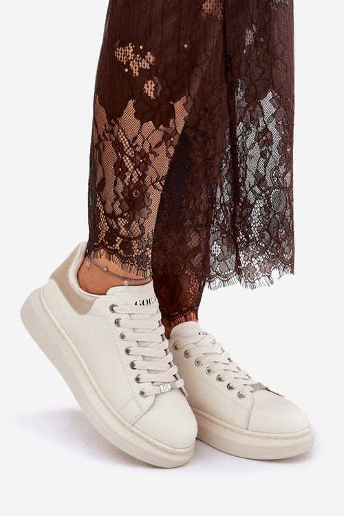 Leather Women's Sneakers On Platform Beige GOE RR2N4004