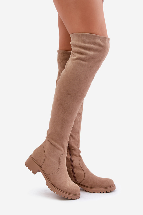 Knee High Boots Flat Heel Beige Filora