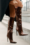 Lacquered insulated boots on a stiletto heel with a buckle brown Tameliae