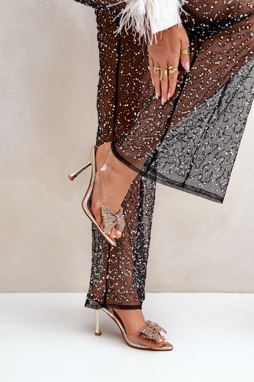 Sandały Na Szpilce Transparentne Z Błyszczącą Kokardą Złote Viosta