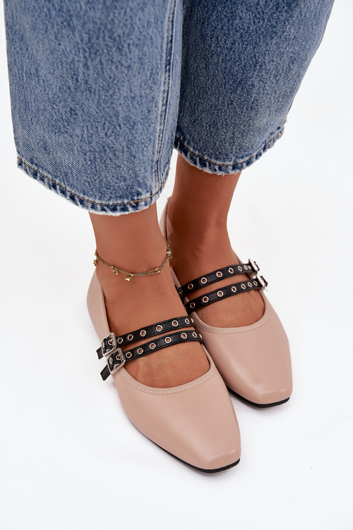 Baleriny Z Paskami Eko Skórzane Beżowe Deliora