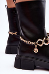 Leather High Boots with Chain Black Pugen