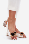Leather Women's Sandals on a Block Heel with a Decorative Flower Laura Messi 2973 White