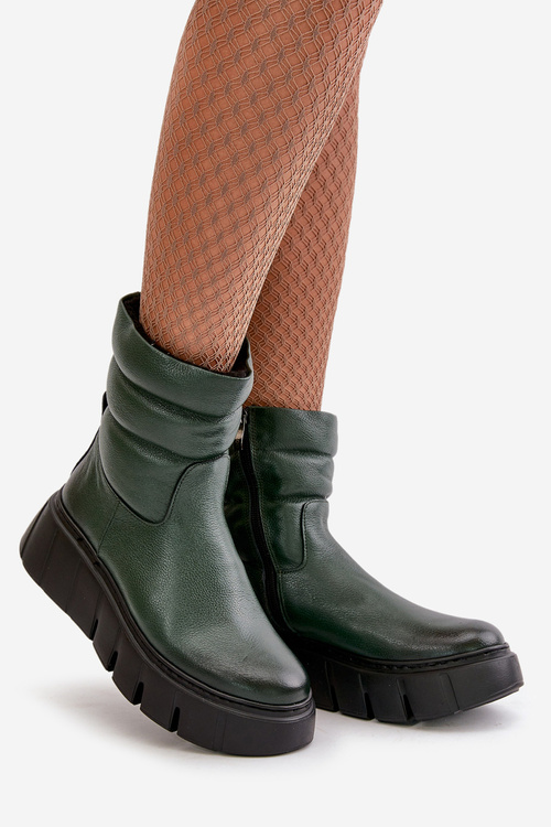 Women's Leather Ankle Boots With Zipper Insulated With Felt Dark Green Zazoo 60512