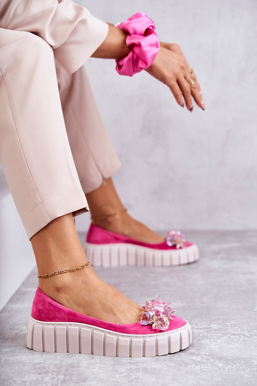 Suede Ballerinas On A Platform With A Ornament Fuchsia Ladette