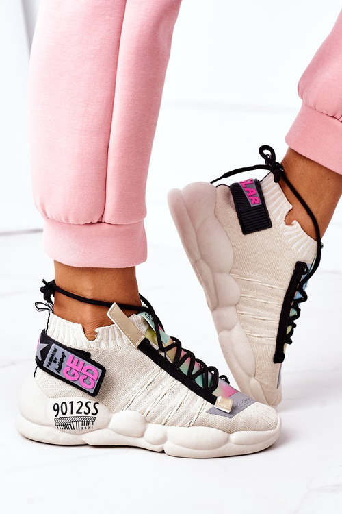 Sneakersy Sportowe Buty Wiązane Beżowe Bubble Tea