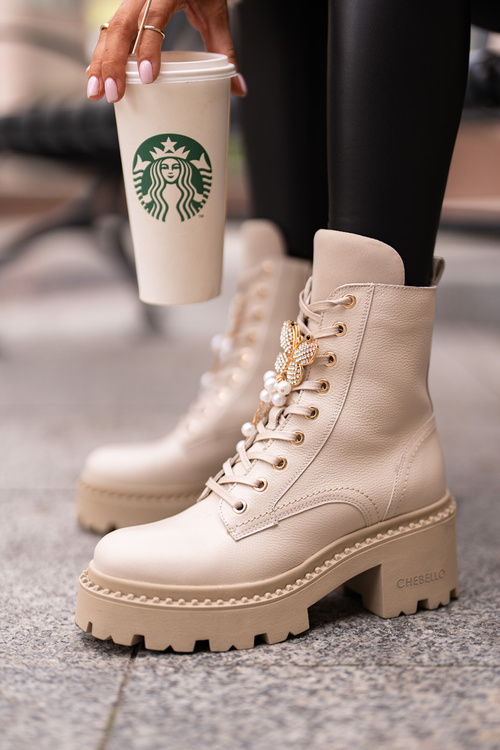 Leather Worker Ankle Boots For Women With Butterfly Beige CheBello 4590