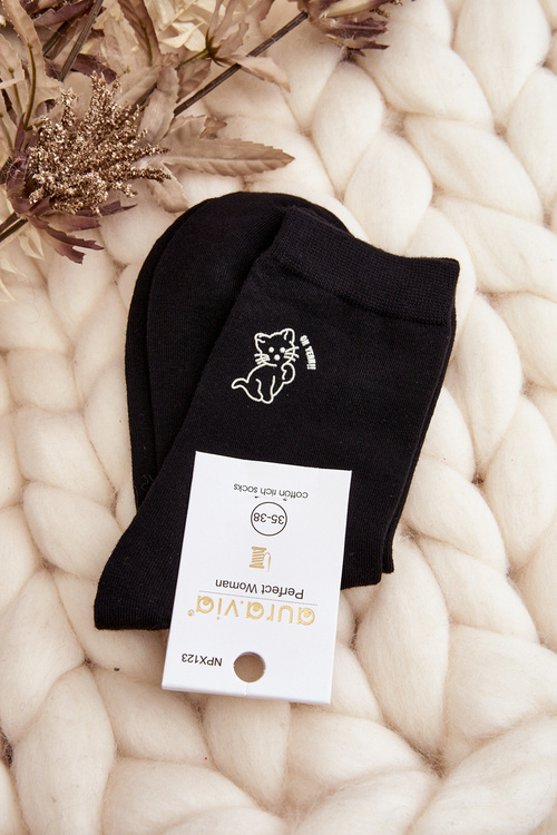 Women's Plain Black Socks with Cat