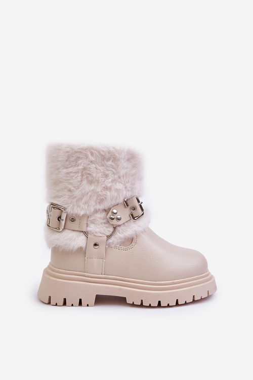 Eco Leather Girls Ankle Boots With Fur And Buckles Beige Cartemes