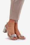 Transparentne Sandały Z Ozdobnymi Kwiatkami Na Obcasie Słupku Srebrne D&A MR38-331