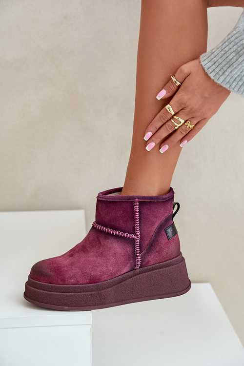 Damskie Śniegowce Botki Skórzane Zamszowe Na Platformie I Koturnie Bordowe Maciejka 06769-23