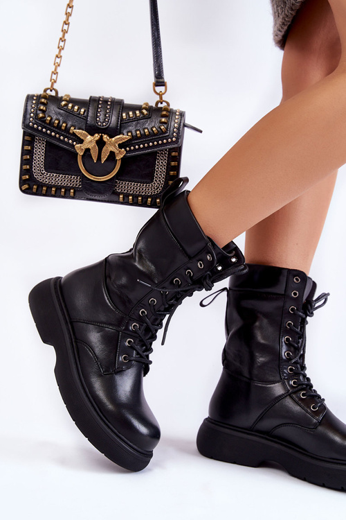 Women's Leather Boots Lace-up Boots Black Passione