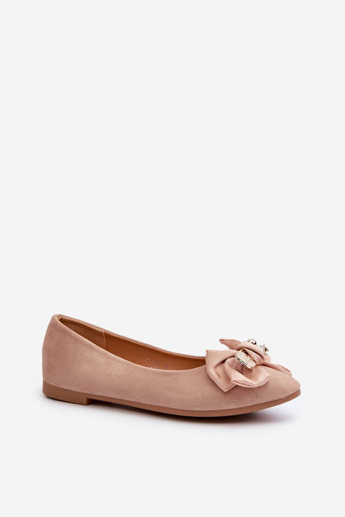 Women's Eco Suede Ballerina Flats with Bow and Brooch Beige Satris