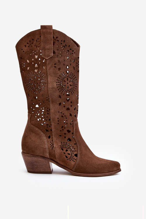 Kozaki Ażurowe Do Połowy Łydki Zamsz Zazoo 3396 Brązowe