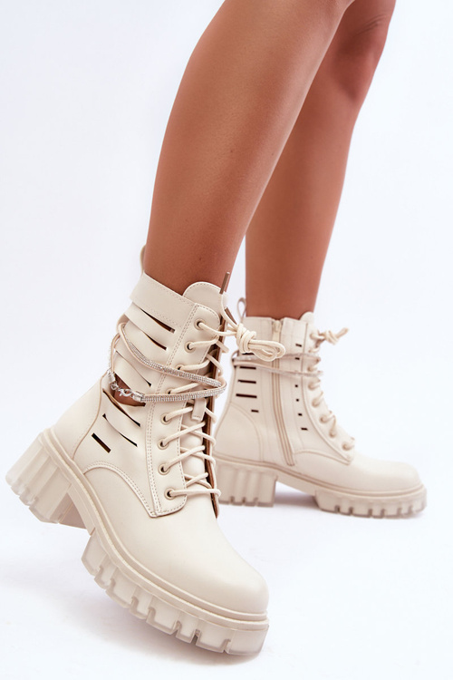 Fashionable Lace-up Boots with Decorative Strip Beige Rocky