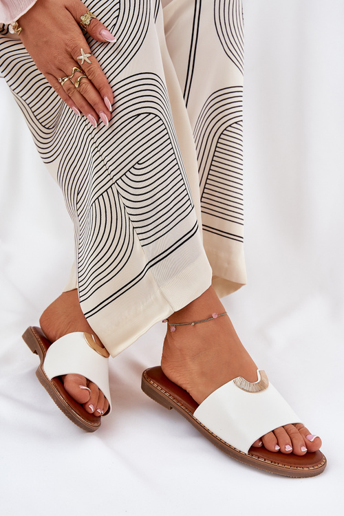 Damskie Klapki Damskie Płaskie Eko Skóra Ozdobne Detale Białe Mevith