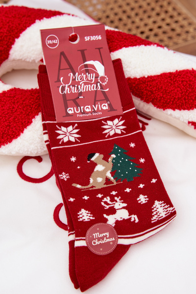Men's Christmas Socks Cat With Christmas Tree Red