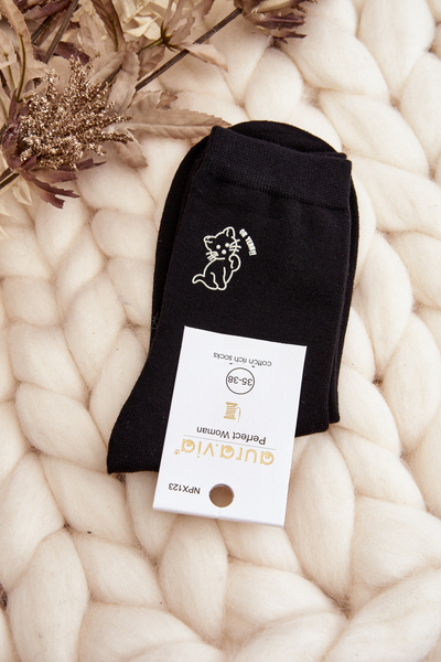 Women's Plain Black Socks with Cat