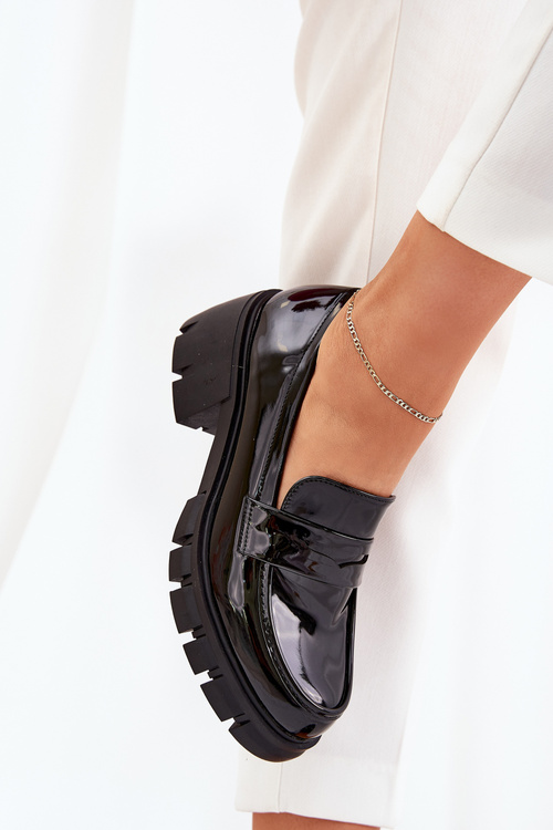 Półbuty Lakierowane Damskie Masywny Obcas Czarne Felonith