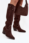 Women's Leather Cowboy Boots With Decoration On The Heel Chocolate Darella