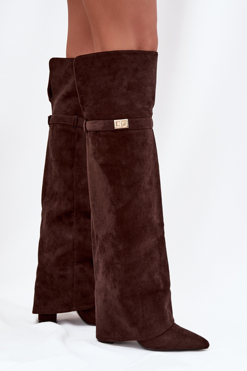 Kozaki Wywinięta Cholewka Za Kolano Obcas Słupek Ocieplane Czekoladowe Serelle