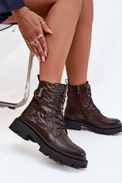 Leather Women's Ankle Boots With Wrinkled Effect And Buckle Artiker 57C1007 Chocolate