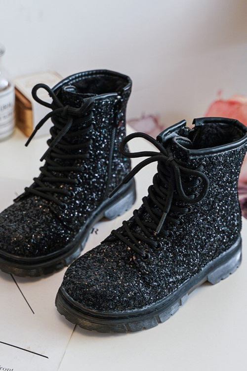 Children's Glittery Lined Boots with Zipper Black Saussa