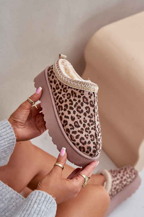 Women's Platform Snow Boots Insulated With Fur Leopard Brown Straps
