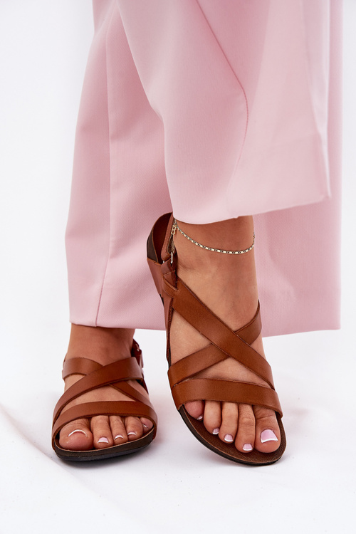 Skórzane Damskie Sandały Płaskie Brązowe Zazoo 40032