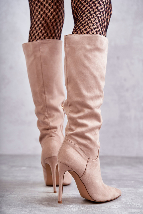 Kozaki Klasyczne Zamsz Szpilka Beżowe Ameya