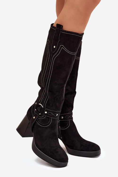 Insulated Women's Heeled Boots With Stitching Black Alessara