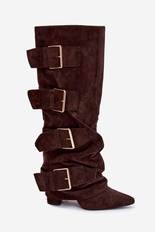 Women's High Heel Boots with Turned Top and Gold Clamps Eco Suede Chocolate Isavelle