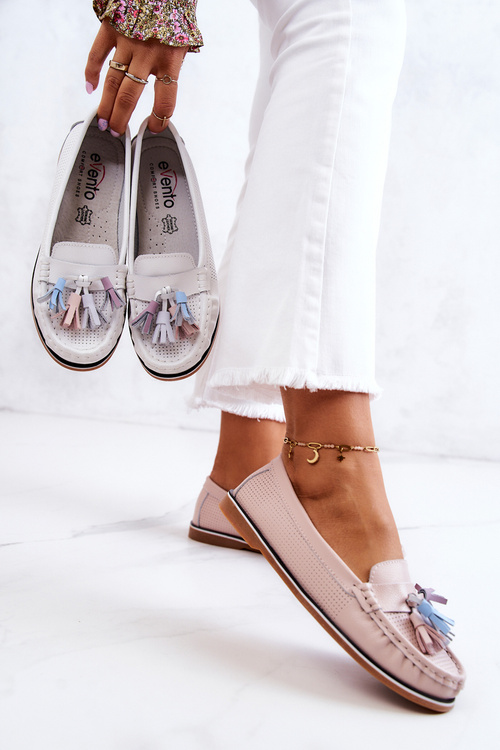 Women's Leather Loafers With Fringes Pink Laressa