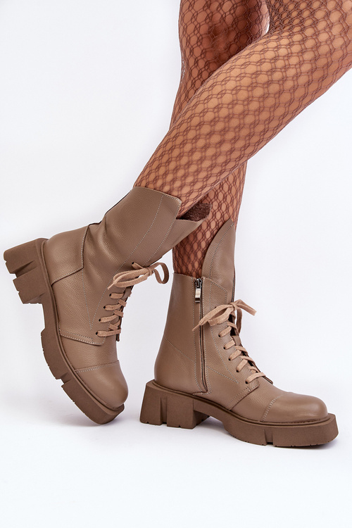 Botki Workery Skóra Masywny Płaski Obcas Ciemnobeżowe Zazoo 976A