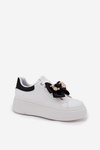 Women's Sneakers With Bow And Brooch With Bear Black-White Leathria