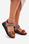Damskie Sandały Koturn Zebra Panterka Brązowe Monera