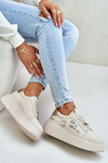 Women Leather Sneakers On Platform With Appliqués And Writing Vinceza 89102 Beige