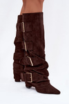 Women's High Heel Boots with Turned Top and Gold Clamps Eco Suede Chocolate Isavelle