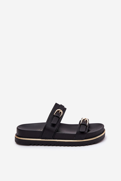 Women's Smooth Platform Slippers With Straps And Buckles Black Ziferte